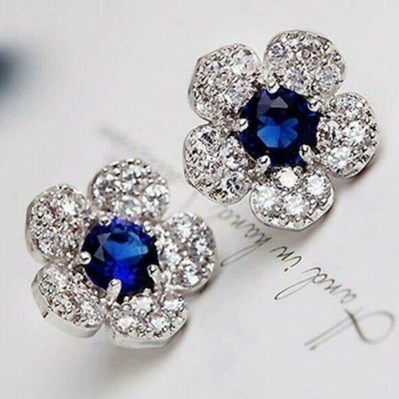 Elegant Sapphire Blue and Clear Pave Crystal Stud Earrings - Picture 1 of 5